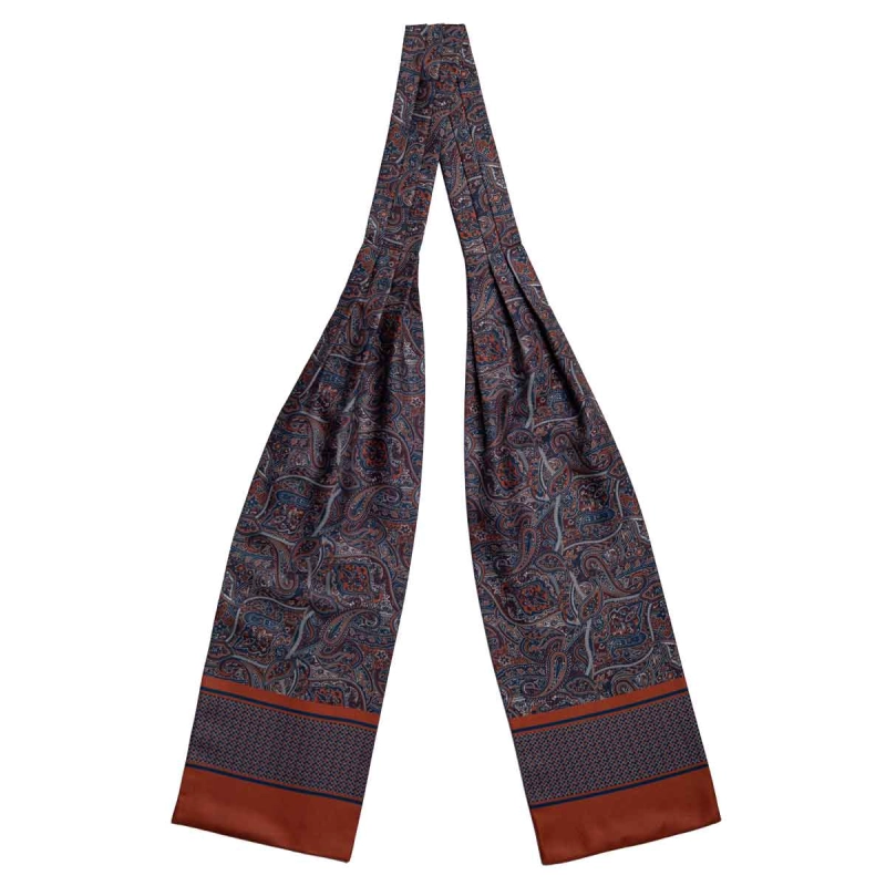 Fular - askot jedwabny granatowy - pomarańczowy - niebieski elegancki w paisley / mikrowzór EM