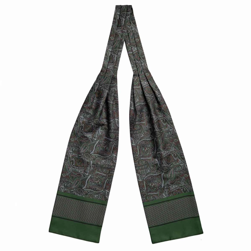 Fular - askot jedwabny zielony - oliwkowy - bordowy elegancki w paisley / mikrowzór EM