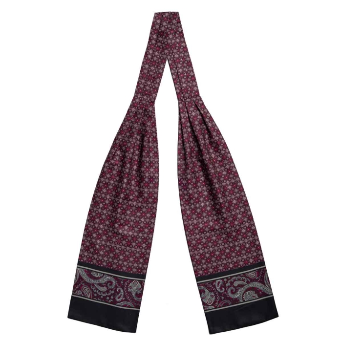 Fular - askot jedwabny bordowy - czarny elegancki w mikrowzór / paisley EM