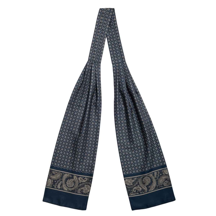 Fular - askot jedwabny granatowy - beżowy elegancki w mikrowzór / paisley EM