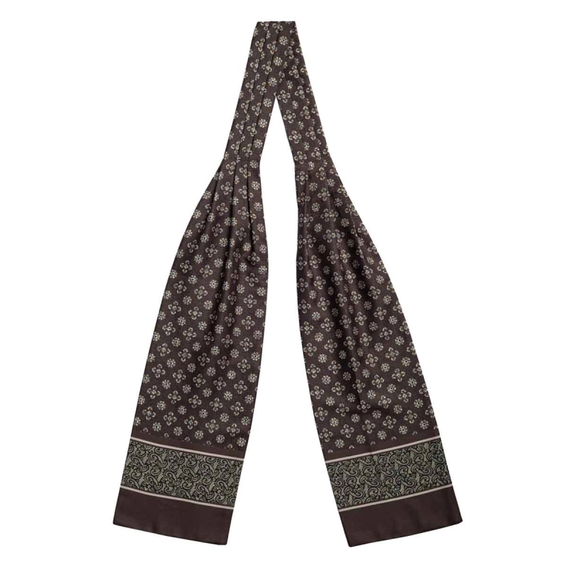 Fular - askot jedwabny brązowy - beżowy elegancki w mikrowzór / paisley EM