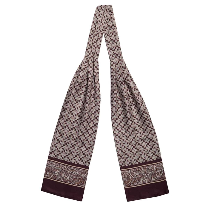 Fular - askot jedwabny beżowy - bordowy elegancki w mikrowzór / paisley EM