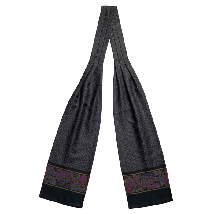 Fular - askot jedwabny czarny - zielony - fioletowy elegancki w mikrowzór / paisley EM