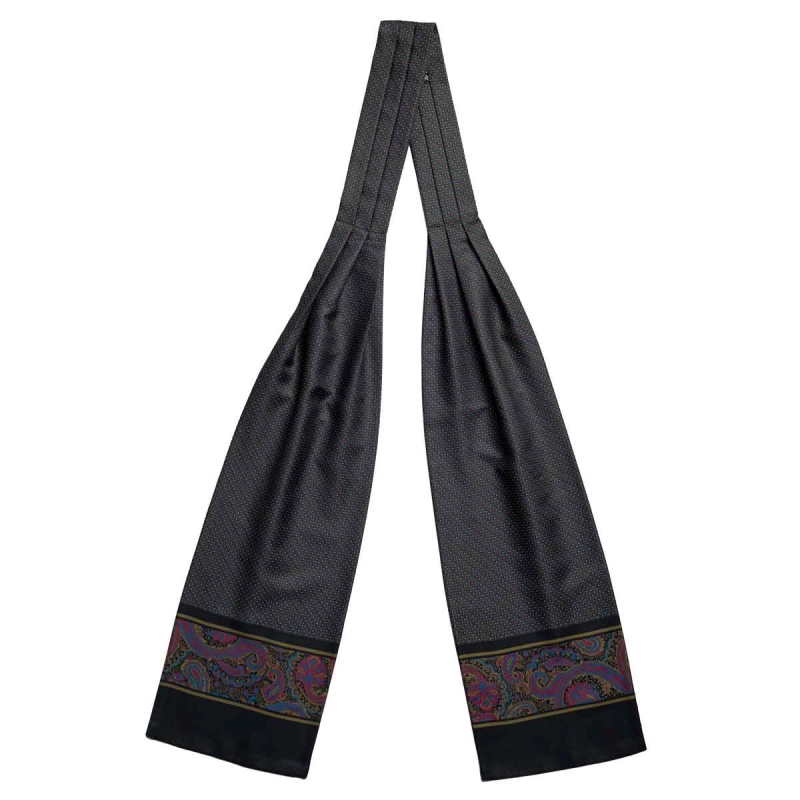 Fular - askot jedwabny czarny - zielony - fioletowy elegancki w mikrowzór / paisley EM