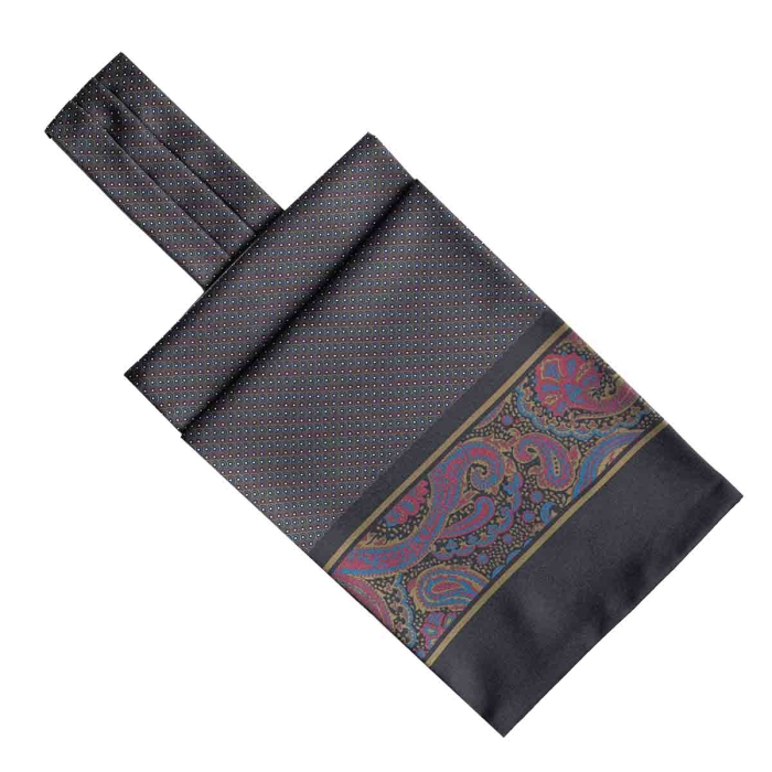 Fular - askot jedwabny czarny - zielony - fioletowy elegancki w mikrowzór / paisley EM