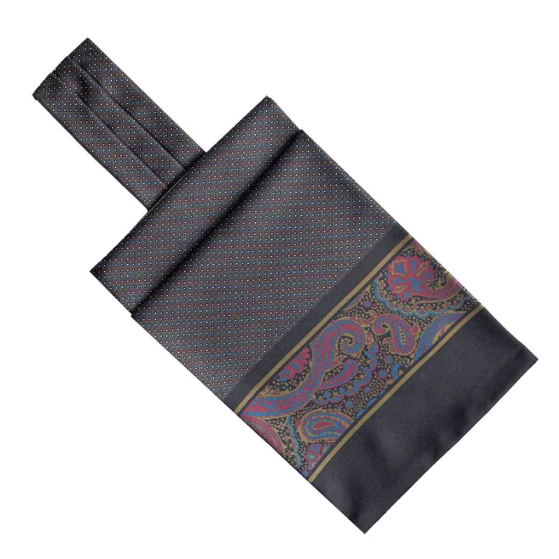 Fular - askot jedwabny czarny - zielony - fioletowy elegancki w mikrowzór / paisley EM