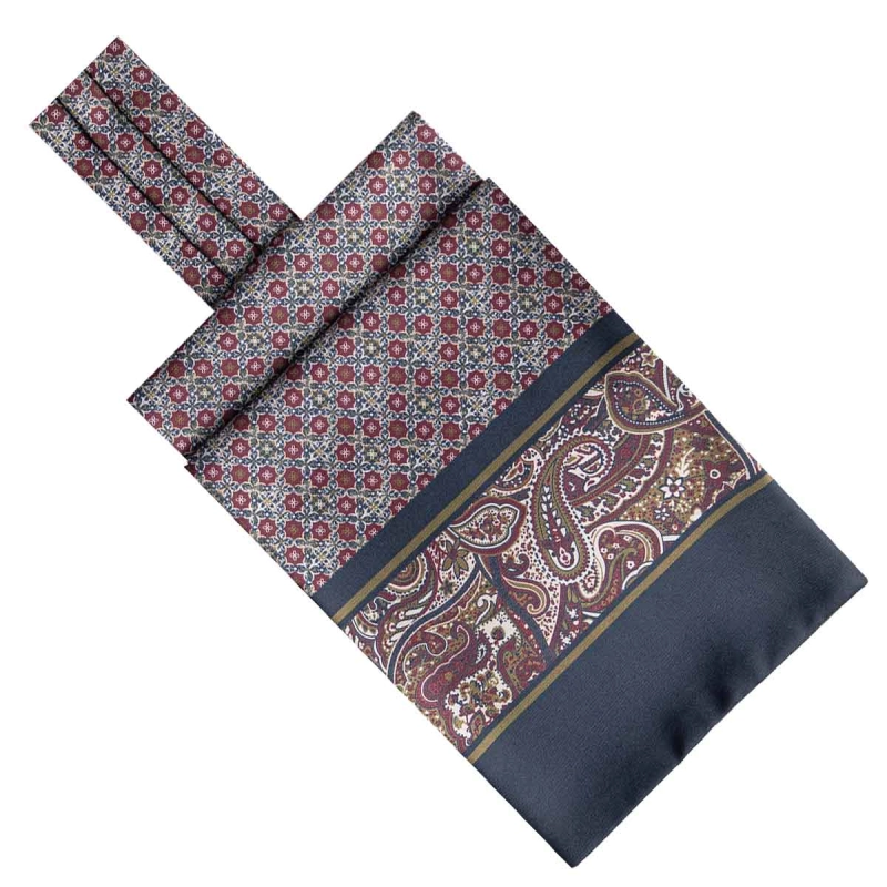 Fular - askot jedwabny granatowy - bordowy- beżowy elegancki w mikrowzór / paisley EM