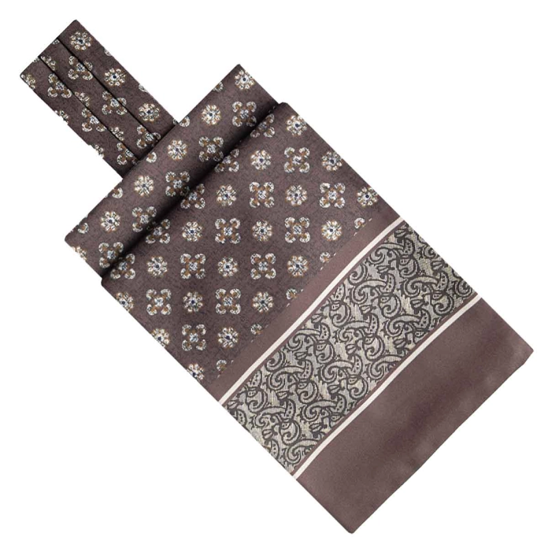 Fular - askot jedwabny brązowy - beżowy elegancki w mikrowzór / paisley EM