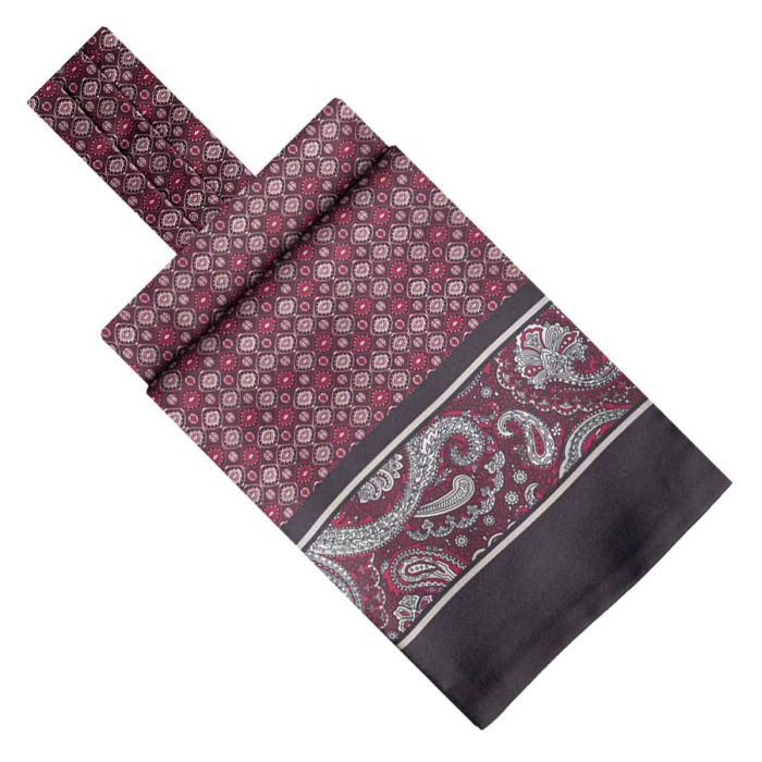 Fular - askot jedwabny bordowy - czarny elegancki w mikrowzór / paisley EM