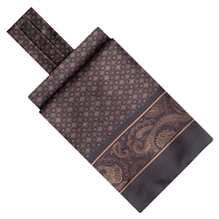 Fular - askot jedwabny czekoladowy- czarny elegancki w mikrowzór / paisley EM