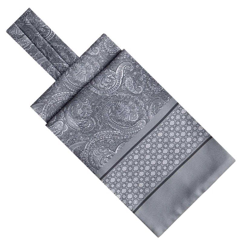 Fular - askot jedwabny szary- jasnoszary elegancki w paisley / mikrowzór EM
