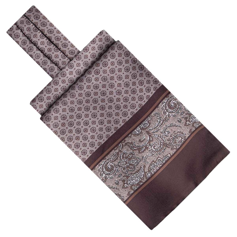 Fular - askot jedwabny beżowy- czekoladowy elegancki w mikrowzór / paisley EM