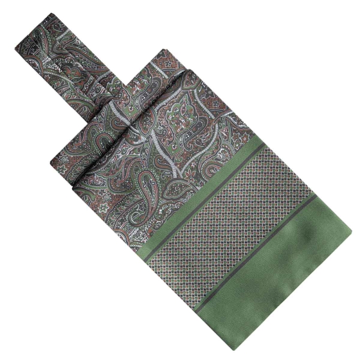 Fular - askot jedwabny zielony - oliwkowy - bordowy elegancki w paisley / mikrowzór EM