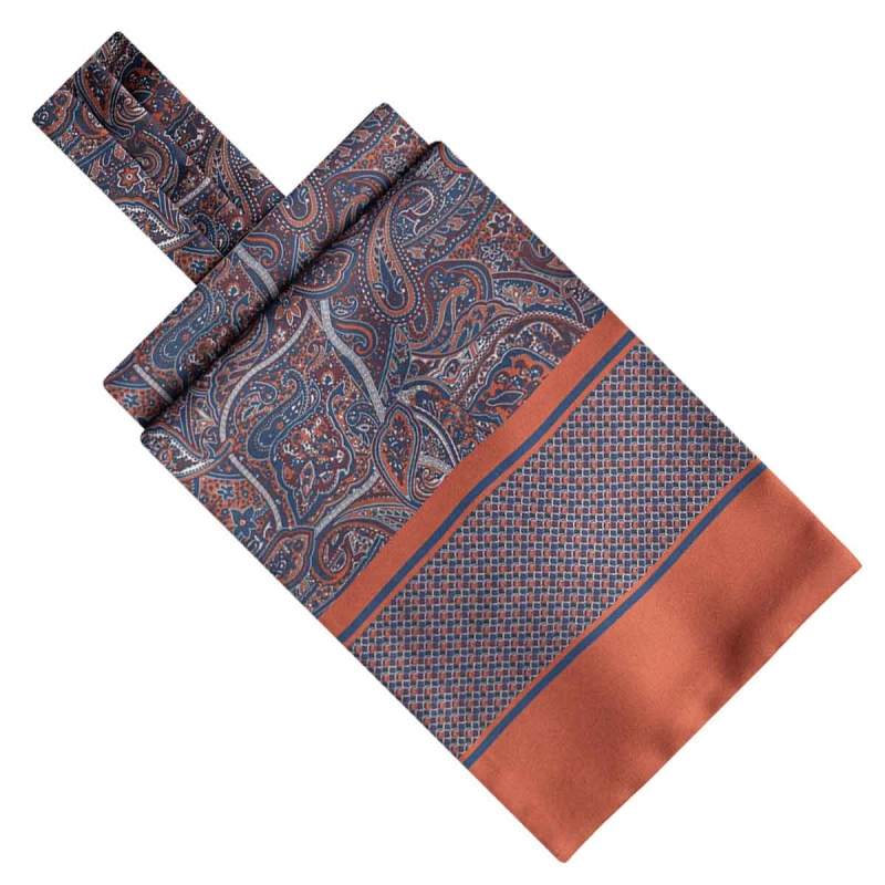 Fular - askot jedwabny granatowy - pomarańczowy - niebieski elegancki w paisley / mikrowzór EM