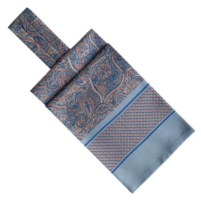 Fular - askot jedwabny niebieski - granatowy - brązowy elegancki w paisley / mikrowzór EM