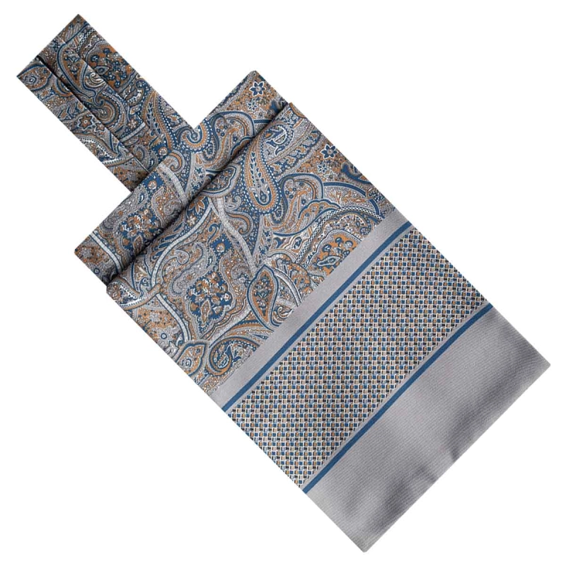 Fular - askot jedwabny szary - brązowy - niebieski elegancki w paisley / mikrowzór EM