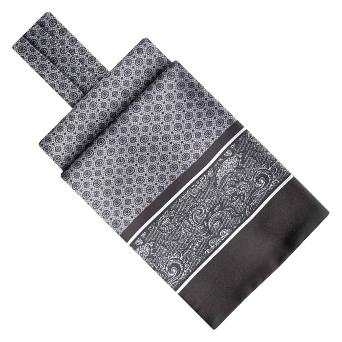 Fular - askot jedwabny szary/czarny elegancki w geometryczny mikrowzór / paisley EM