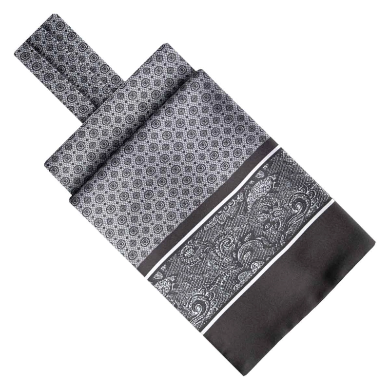 Fular - askot jedwabny szary/czarny elegancki w geometryczny mikrowzór / paisley EM