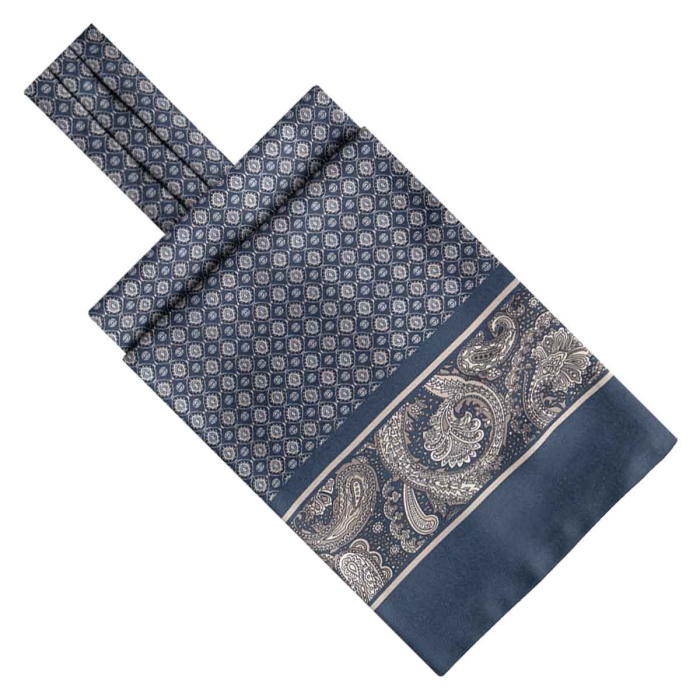 Fular - askot jedwabny granatowy - beżowy elegancki w mikrowzór / paisley EM