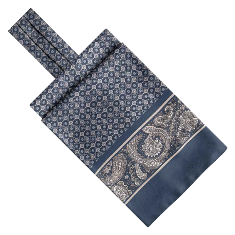 Fular - askot jedwabny granatowy - beżowy elegancki w mikrowzór / paisley EM