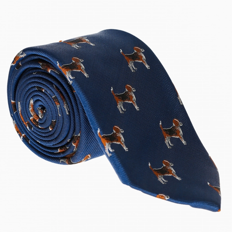 Zestaw Prezentowy - Krawat jedwabny granatowy + poszetka w pieski - psy - beagle - PREMIUM EM 1