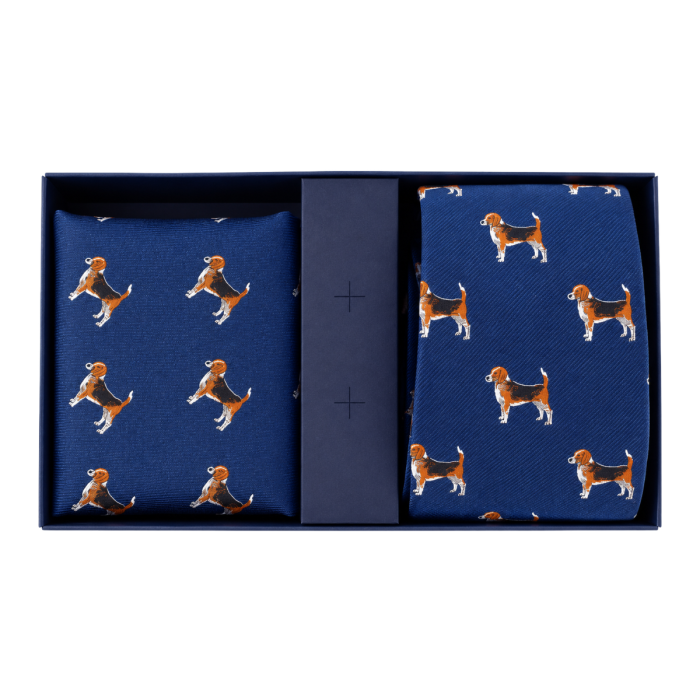 Zestaw Prezentowy - Krawat jedwabny granatowy + poszetka w pieski - psy - beagle - PREMIUM EM 1