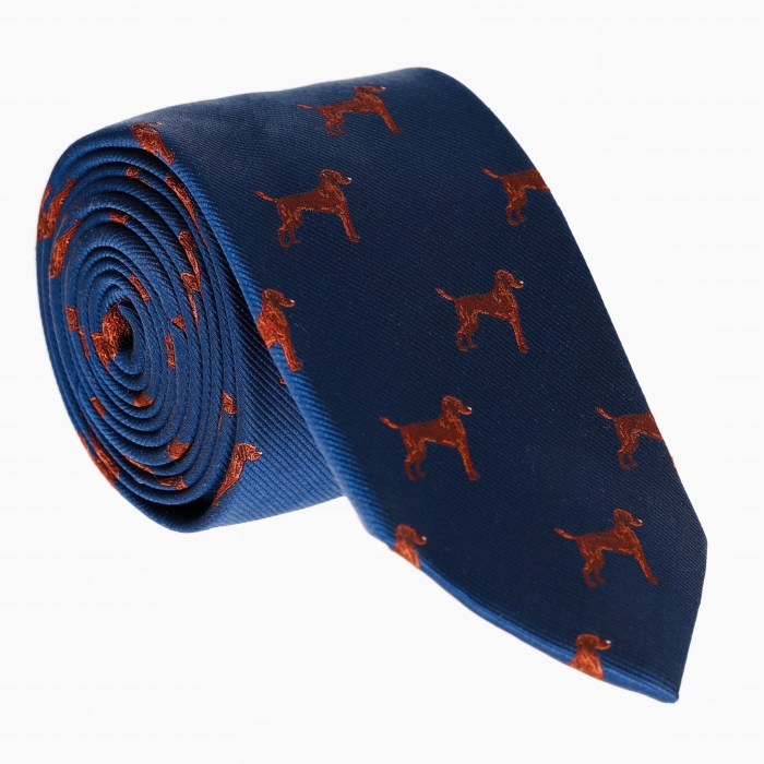 Zestaw Prezentowy - Krawat jedwabny granatowy + poszetka w pieski - psy - spaniel - PREMIUM EM 10