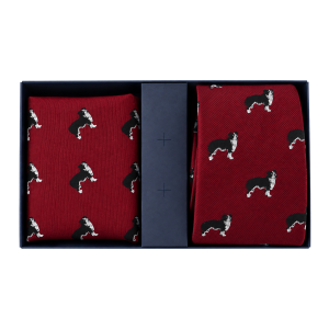 Zestaw Prezentowy - Krawat jedwabny bordowy + poszetka w pieski - psy - border collie - PREMIUM EM 11