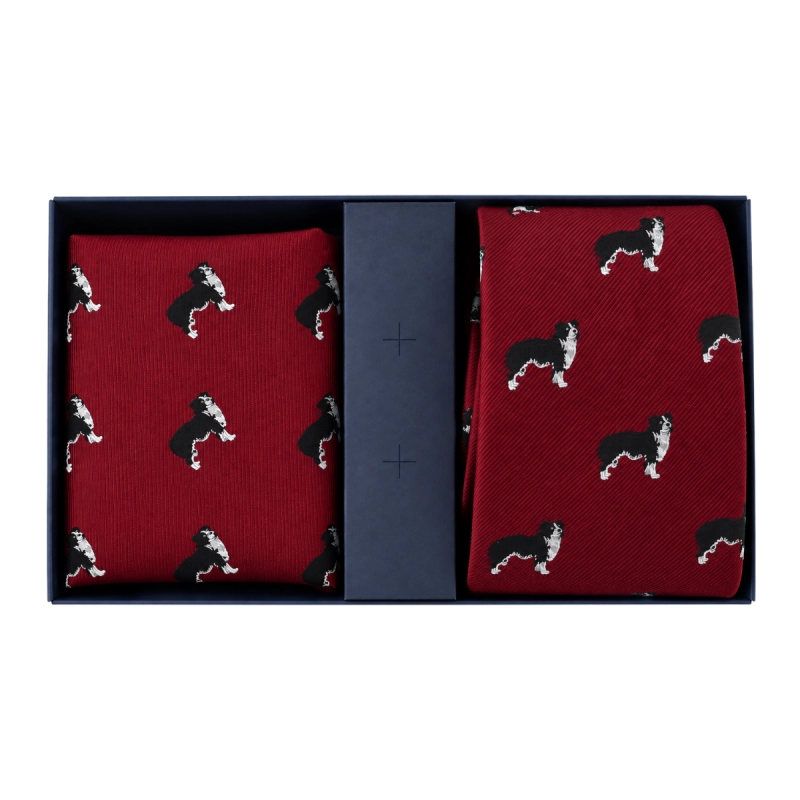 Zestaw Prezentowy - Krawat jedwabny bordowy + poszetka w pieski - psy - border collie - PREMIUM EM 11