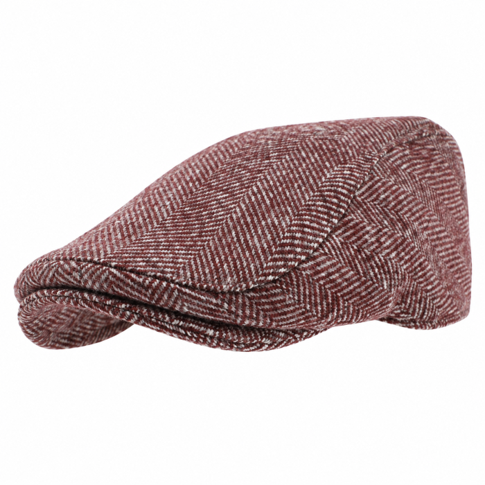 Kaszkiet wełniany tweed PREMIUM | burgundowy, przeplatany bielą - w jodełkę EM