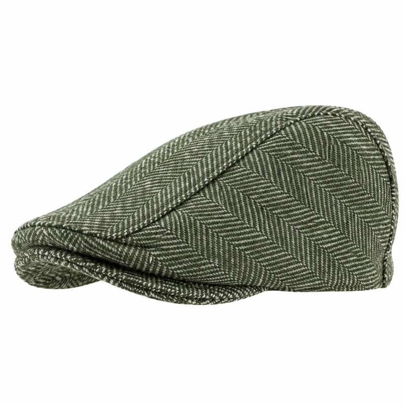 Kaszkiet wełniany tweed PREMIUM | oliwkowa zieleń, przeplatany bielą - w jodełkę EM