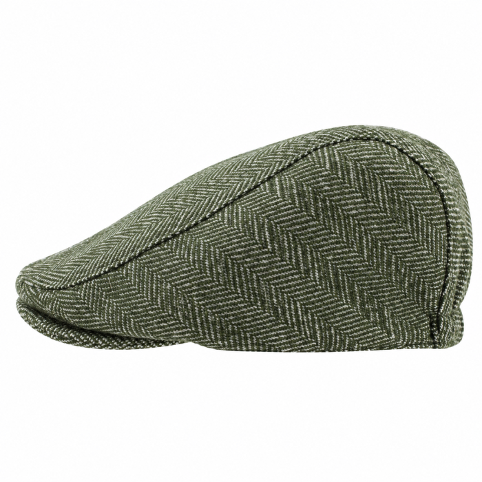 Kaszkiet wełniany tweed PREMIUM | oliwkowa zieleń, przeplatany bielą - w jodełkę EM