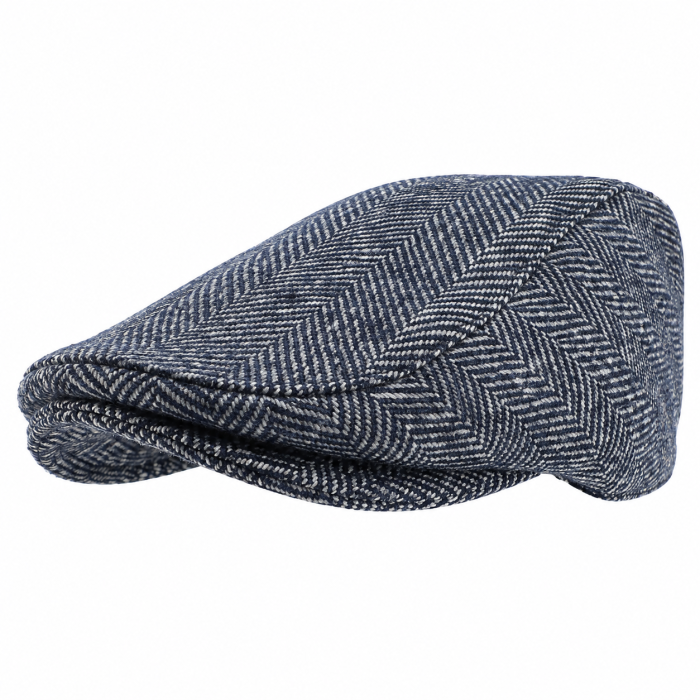 Kaszkiet wełniany tweed PREMIUM | granatowy, pokryty bielą - w jodełkę EM
