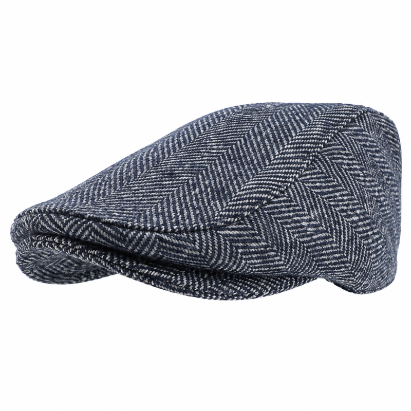 Kaszkiet wełniany tweed PREMIUM | granatowy, pokryty bielą - w jodełkę EM