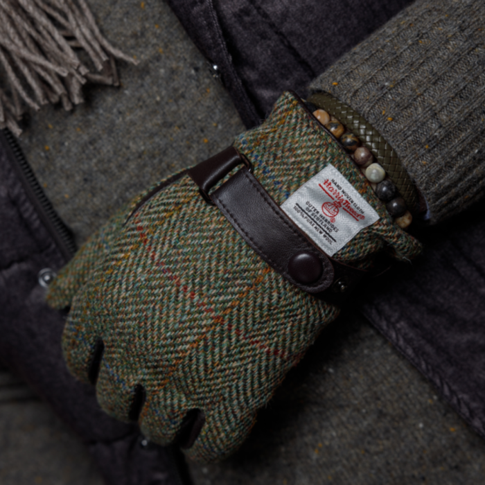 Rękawiczki wykonane ze skóry owczej i wełny Harris Tweed w kolorze khaki / brązowym w jodełkę z touch screen EM